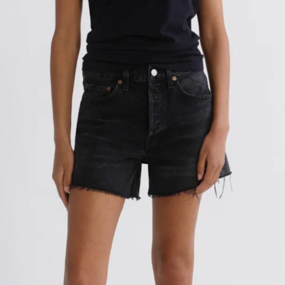 Agolde Parker Long Denim Jean Short in Fright Black Raw Hem Button Fly Size 29